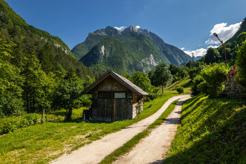 Alpine landscape in Slovenia SOca Valley at summer, aerial drone view - 740919822