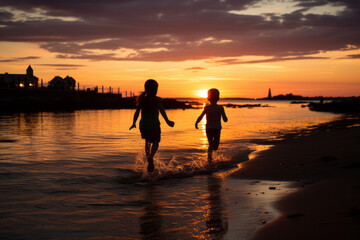 Two children running toward the water at a beach at dusk. Generative Ai