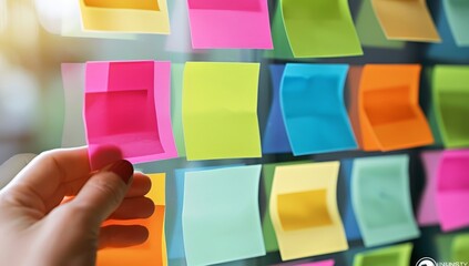 Businessman hand holding sticky notes on the wall. Business concept.