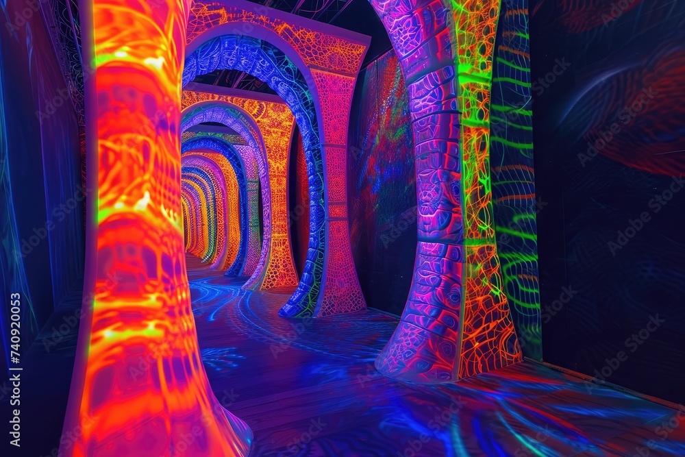 Aufkleber the illuminated passage: a tunnel of neon lights in a dimly lit room, hallucinogenic array of fluore