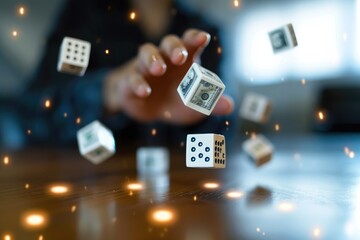 A person is seen throwing multiple dices into the air, capturing the dynamic motion of the dice mid-air, Hand throwing 3D dices with dollar signs, representing risk in investment, AI Generated - obrazy, fototapety, plakaty