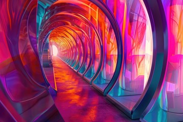 Colorful Light-Adorned Long Tunnel, Hallucinogenic array of fluorescent colors building an abstract, futuristic pattern, AI Generated