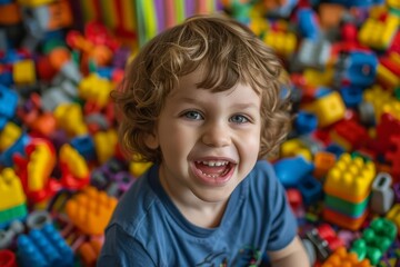 Portrait of a joyful child engaging in creative play with a variety of colorful toys Emphasizing the importance of imaginative play in development