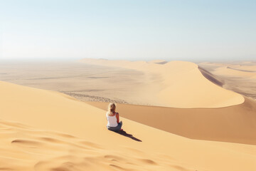Woman sitting alone on the ridge of a dune in the desert- walvis bay- namibia. Generative Ai