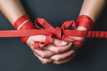 Two hands bound tightly together by a vibrant red ribbon, creating a symbol of unity and connection, Hands tied with red tape indicating regulatory challenges, AI Generated
