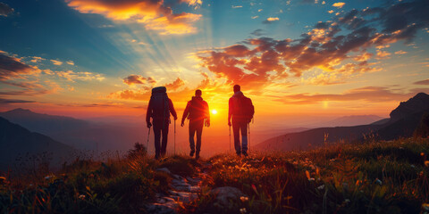 Adventurous Hike at Sunset.
Silhouettes of hikers walking on a mountain trail at sunset. - obrazy, fototapety, plakaty