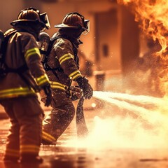 Firemen in action with fire of house, heats. Generative Ai.