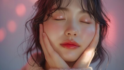 beautiful young asian woman with closed eyes, closeup portrait