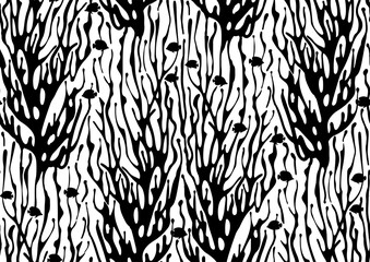 halfdrop pattern with seaweed abstract floral design elements. Trendy graphical repeat in black and white colors. Seamless texture in hipster style for beach swimsuit, female active wear, print - 740921266