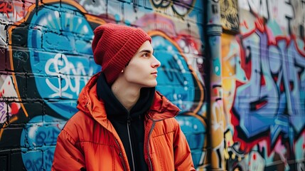 A young man stands confidently wearing a red beanie and orange jacket on a background of urban...