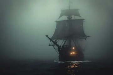 Foto op Canvas A pirate ship sails through the thick fog of the open ocean, Haunted pirate ship sailing on a black foggy sea, AI Generated © Iftikhar alam