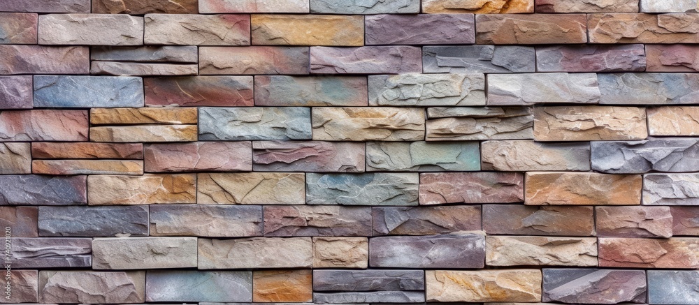 Poster a close up of a rectangular brick wall showcasing various colors in the brickwork. the artful arrang