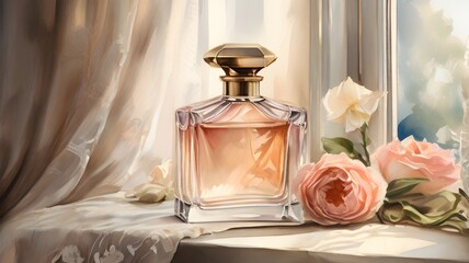 A perfume bottle, filled with pink liquid and adorned with a golden cap. Soft blossoms surround it, creating a romantic ambiance in the warm, serene atmosphere