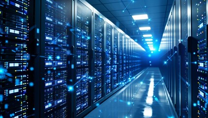 Modern server room data center glowing in blue light