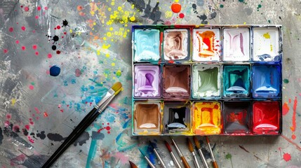 Vibrant Watercolor Paint Set and Brushes on a Messy Artist's Worktable
