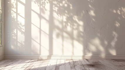 Natural light window, blurred shadow overlay on minimal room wall paper texture and floor, background