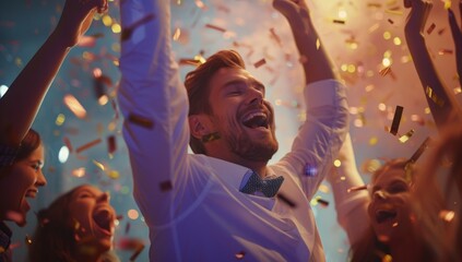 Happy man with confetti and friends at a party in a nightclub
