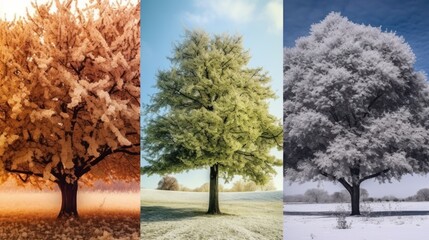 Season change from winter landscape to summer landscape. Winter vs Summer concept.