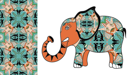 Cartoon elephant illustration and seamless artistic pattern, colorful hand drawn ornament. Cute childish design. Vector doodle background for wallpaper, pattern fills, textile fabric print