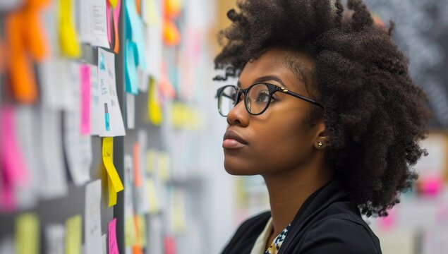 Professional Woman Analyzing Colorful Sticky Notes on Office Wall