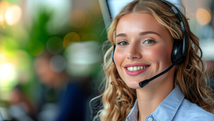 Portrait of young businesswoman with headset in a call center.