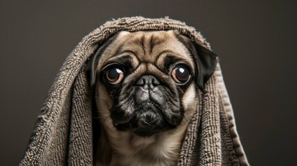 Cute pug dog sits after a shower in a beige towel on a dark background, pets grooming and washing