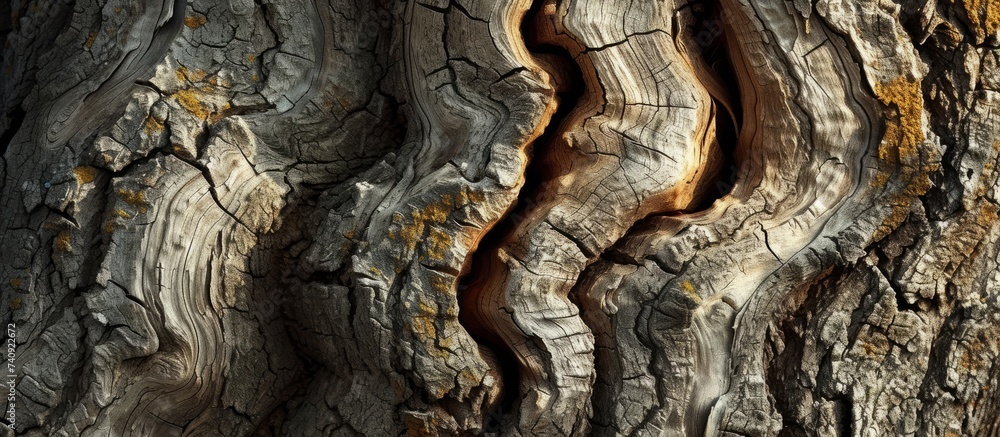 Poster a detailed close-up shot capturing the intricate and unique patterns of the bark on a tree trunk, re