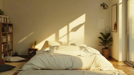 Simple bedroom interior design , sunlight coming in through windows