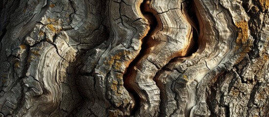 A detailed close-up shot capturing the intricate and unique patterns of the bark on a tree trunk,...
