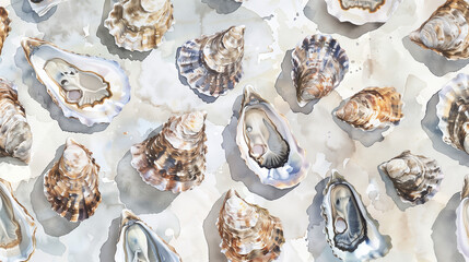 Watercolor illustration of various types of oysters, artistic and educational, highlighting the diversity for Oyster Day enthusiasts - obrazy, fototapety, plakaty
