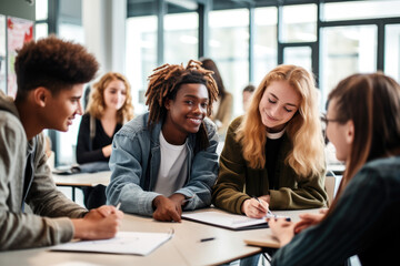 Group of people teenagers with book in modern classroom.