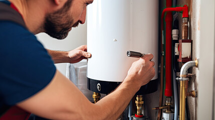 Plumber installing water heater at home background - obrazy, fototapety, plakaty