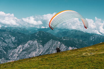 Paragliding from Monte Baldo over Lake Garda in Italy.