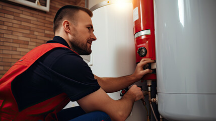 Plumber installing water heater at home background