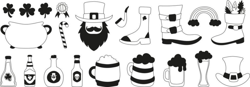 A set of symbols and elements for St. Patrick's Day. Beer bottles, glasses with beer, cone hats, three-leaf and four-leaf clovers, flags, horseshoe, boots and bows. Linear black and white style.