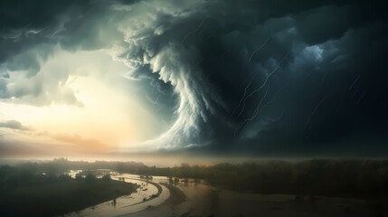 Powerful tornado, catastrophic natural phenomenon - obrazy, fototapety, plakaty