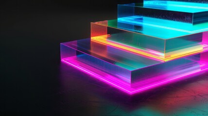 Glass stairs illuminated with rainbow neon colors in a dark room, scene. 3d holographic colorful background. 