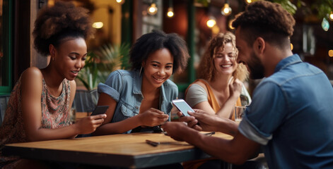 Group of People Sitting at Table Looking at Cell Phones - obrazy, fototapety, plakaty