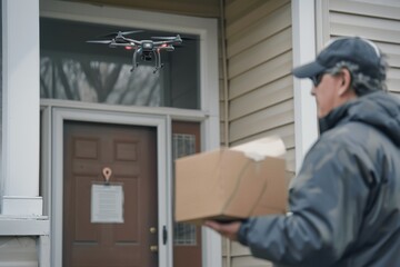 Smart package Drone Delivery freight carrier. Box shipping herding drone parcel drone delivery safety transportation. Logistic tech snack box mobility urbanization architecture