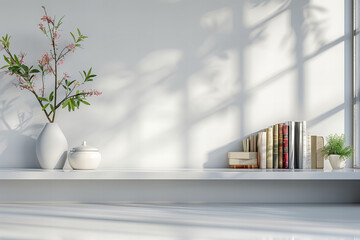 Serene Interior Banner: Sunlight, Blooms, and Books on a Modern White Shelf