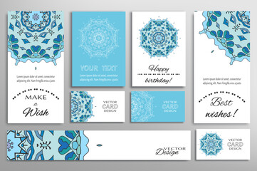 Fototapeta na wymiar Big set of greeting Cards or wedding Invitations. Postcards template with inscription Make a Wish, Best Wishes, Happy Birthday. Banner, business cards with mandala ornament. Isolated design elements