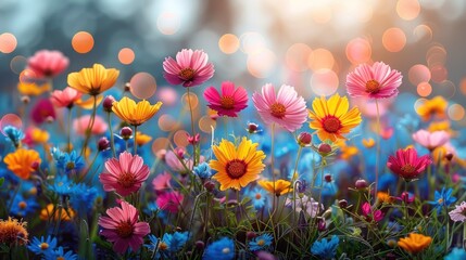 Colorful flower meadow with sunbeams and bokeh lights in summer - nature background banner - obrazy, fototapety, plakaty