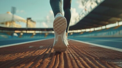 Close-up of an athlete's shoe on a running track during a sunny day, symbolizing determination and...