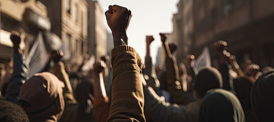 Fototapeta na wymiar Raised fist of african american man in large angry protest riot crowd of people