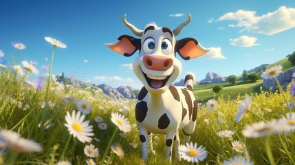 Animation of a smiling dairy cow full of joy in a field of grass with flowers. 3d illustration