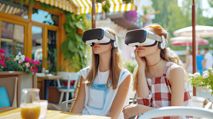 Young women explore virtual worlds using VR headsets outdoors. Girlfriends sit at table in summer cafe and communicate using VR reality