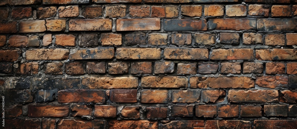 Poster a detailed view of a brick wall showcasing the rectangular pattern of the building material. each br