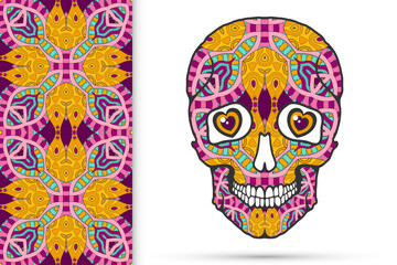 Day of The Dead colorful Sugar Skull with doodle ornament and decorative seamless floral geometric pattern. Hand drawn art background, tattoo, Halloween party card design, textile or paper print