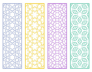 Decorative geometric line borders with repeating texture. Tribal ethnic arabic, indian, turkish ornament, bookmarks templates set. Isolated design elements. Stylized lace patterns collection