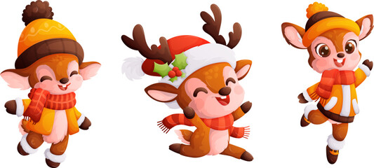 Set of three cute Christmas reindeer. Little happy deer in winter clothes, a warm hat and scarf. Dynamic poses, colorful detailed